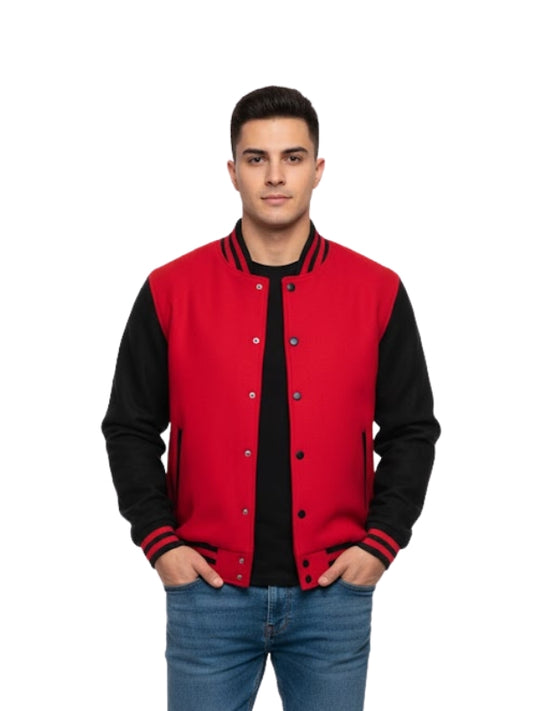 Man wearing a red and black varsity jacket on a white background