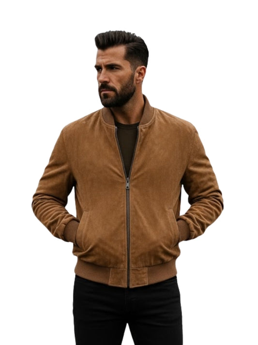 Man wearing a brown suede jacket on a white background