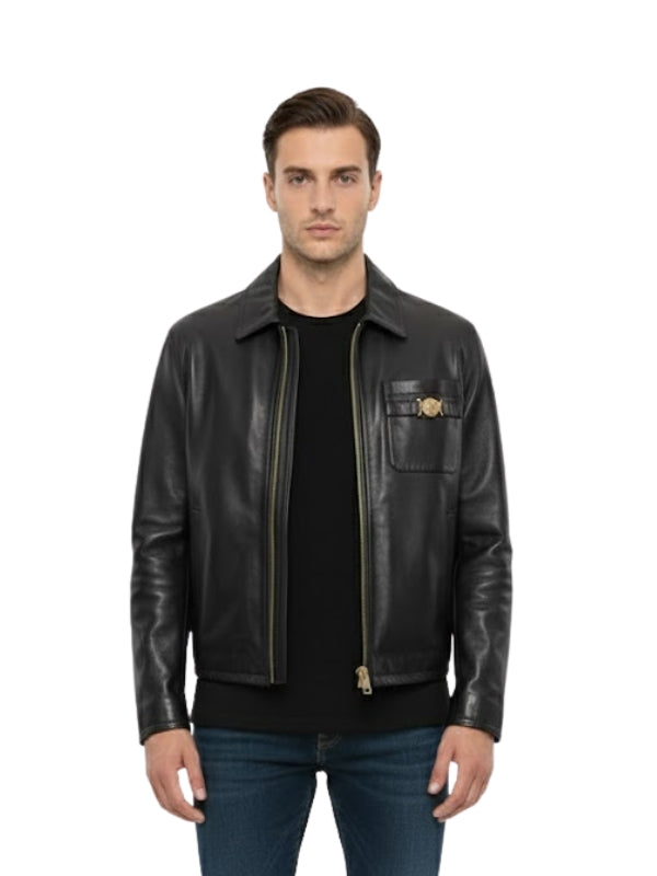 Man wearing a black leather jacket on a white background