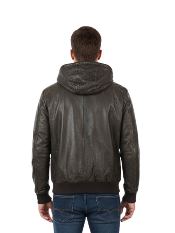 Person wearing a dark leather jacket with a hood on a white background