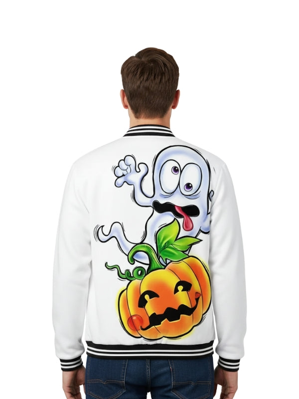 Person wearing a white jacket with Halloween-themed design on the back
