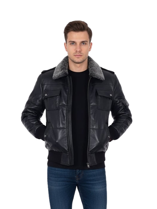 Men's Fur Windproof Air Force Puffer Black Leather Jacket