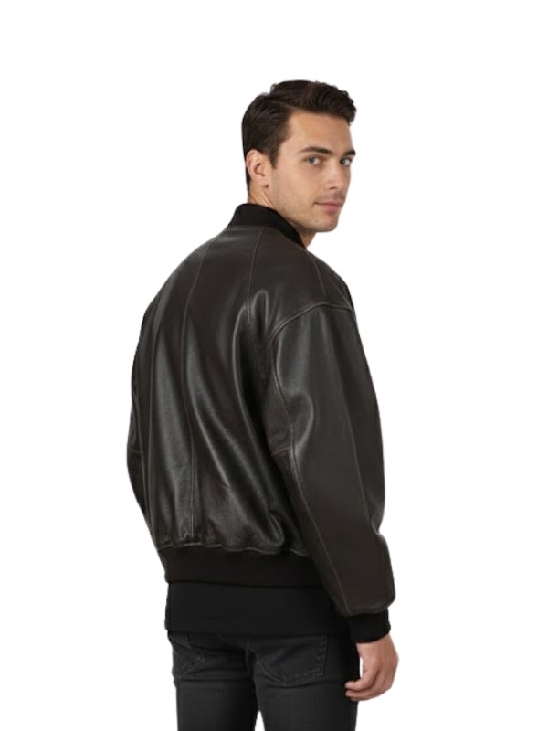 Man wearing a black leather jacket on a white background