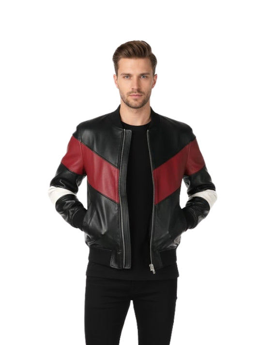 Men's Genuine Leather Multicolor Stripe Motorcycle Bomber Leather Jacket