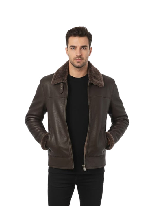 Men's Handmade Brown Shearling Bomber Leather Jacket