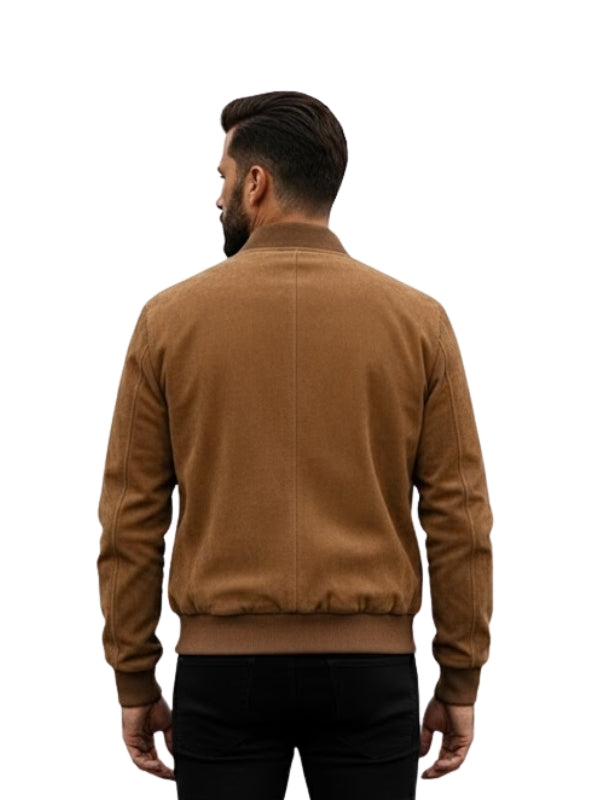 Man wearing a brown jacket on a white background