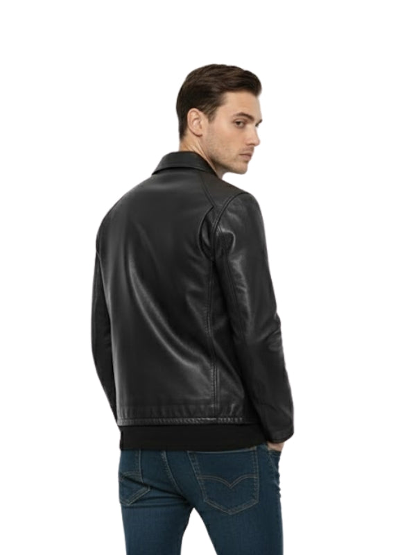 Man wearing a black leather jacket on a white background