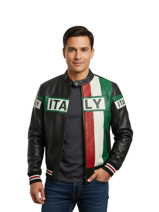 Man wearing a colorful jacket with 'ITALY' text on a white background
