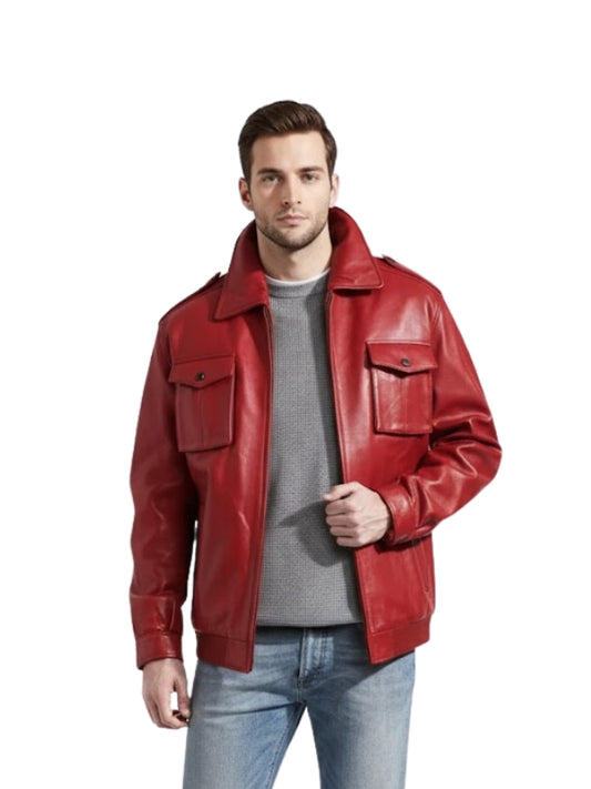 Men's Lambskin Stylish Biker Motorcycle Red Bomber Jacket