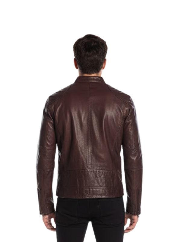 Man wearing a brown leather jacket on a white background