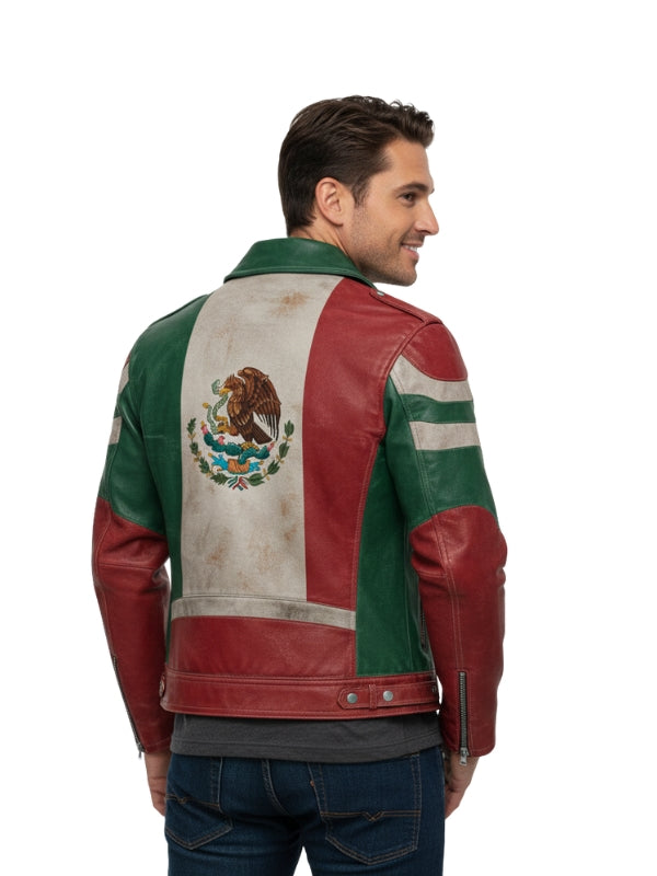 Man wearing a leather jacket with a flag design on a white background