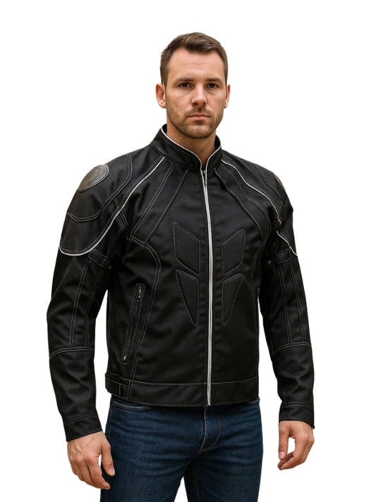 Man wearing a black leather jacket with white stitching on a white background