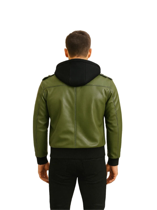 Men’s Olive Green Bomber Leather Jacket With Hood