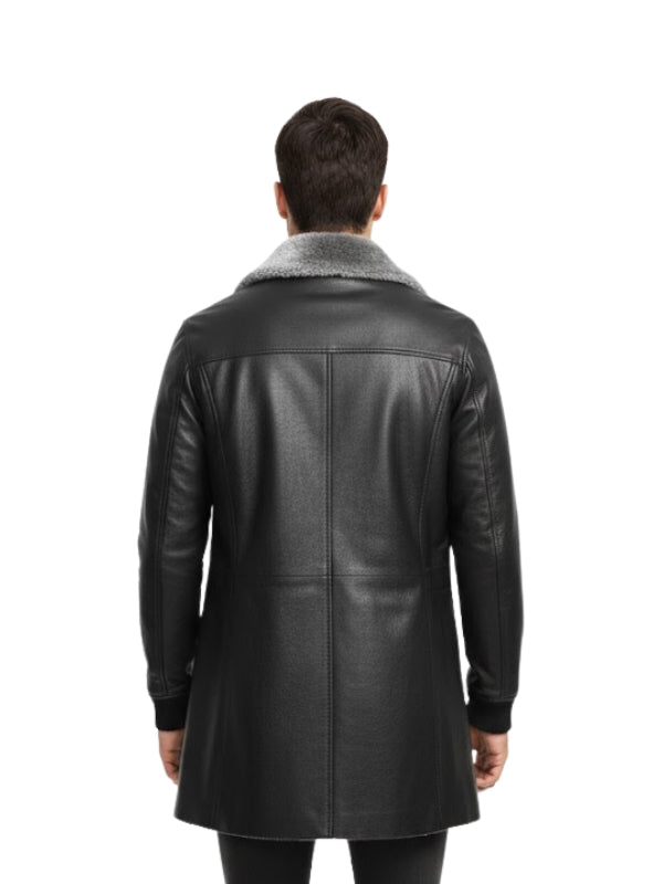 Men’s PU Leather Wide Notch Shearling Lining Coat