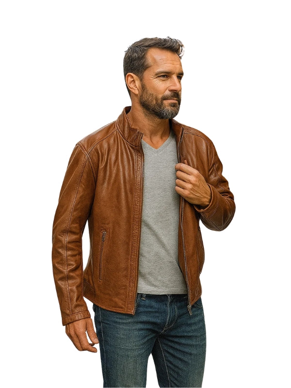 Men's Pinnacle Tan Waxed Leather Biker Jacket