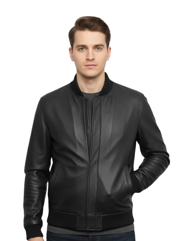 Man wearing a black leather jacket on a white background