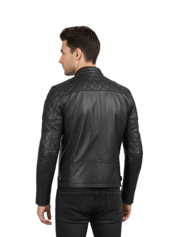 Man wearing a black leather jacket on a white background
