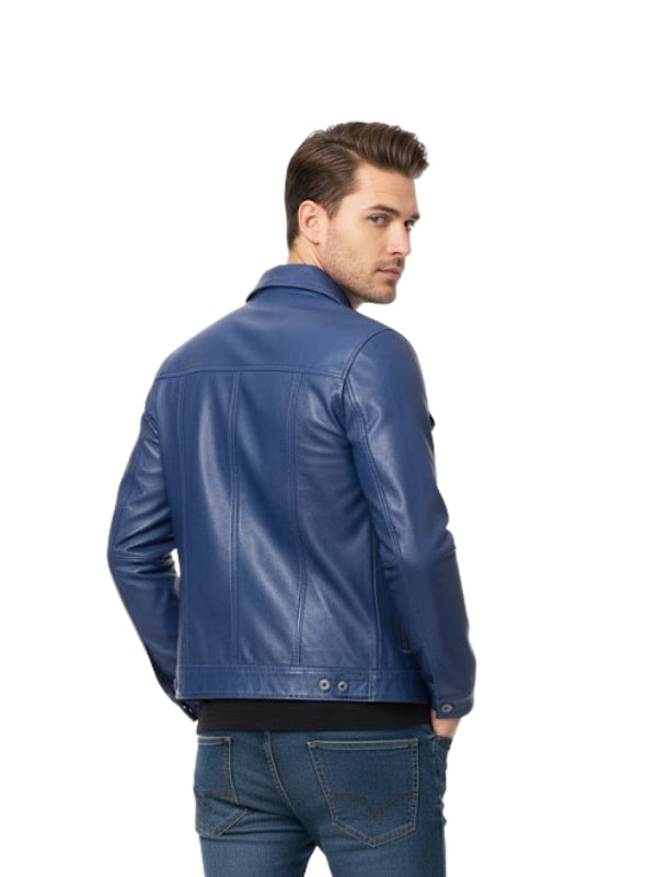 Man wearing a blue leather jacket on a white background