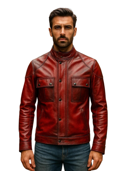 Man wearing a red leather jacket on a white background