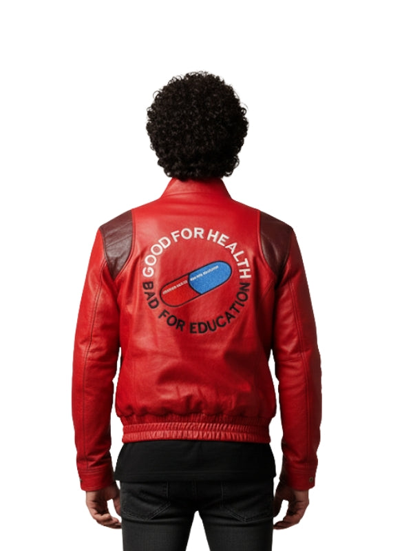 Red leather jacket with a graphic design on the back, worn by a person.