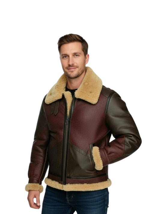 Men's Shearling Aviator Raf Flying Pilot B3 Maroon Bomber Jacket
