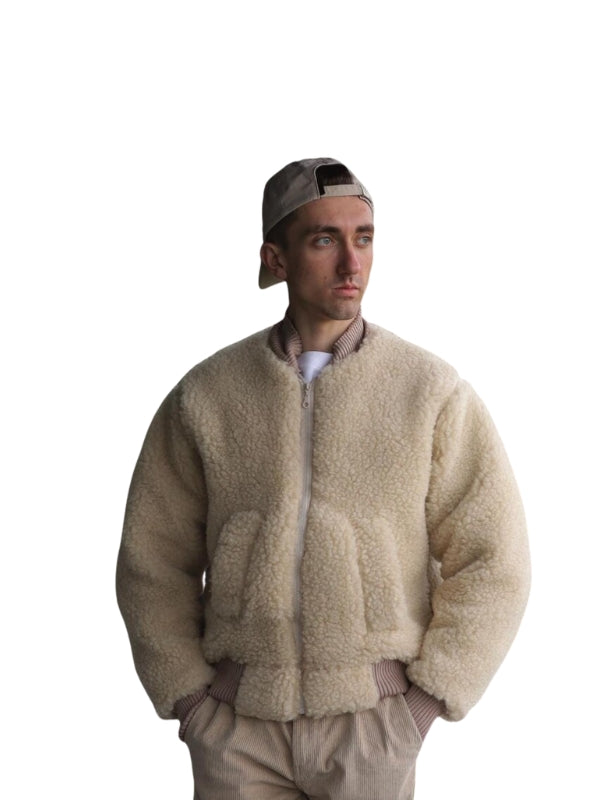 Men's Sheep's Wool Beige Bomber Jacket