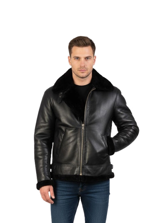 Men's Sheepskin Fur Pilot B3 Black Bomber Jacket