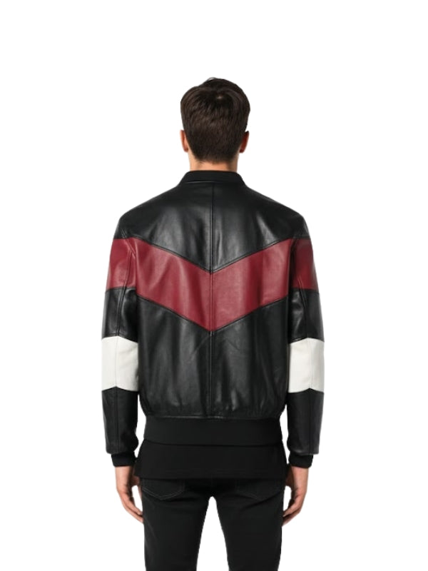 Men's Stripe Motorcycle Bomber Multicolor Leather Jacket