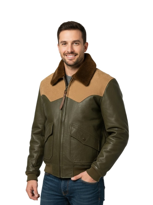 Man wearing a brown and green leather jacket with fur collar on a white background