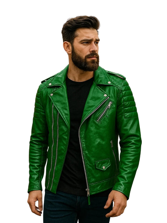 Man wearing a green leather jacket on a white background