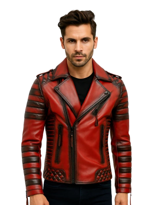 Man wearing a red leather jacket with black accents on a white background