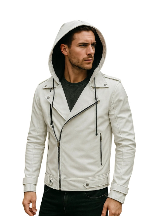 Man wearing a white leather jacket with a hood on a white background