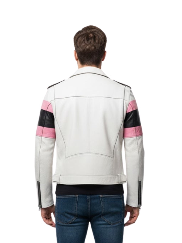 White leather jacket with pink and black accents on a white background