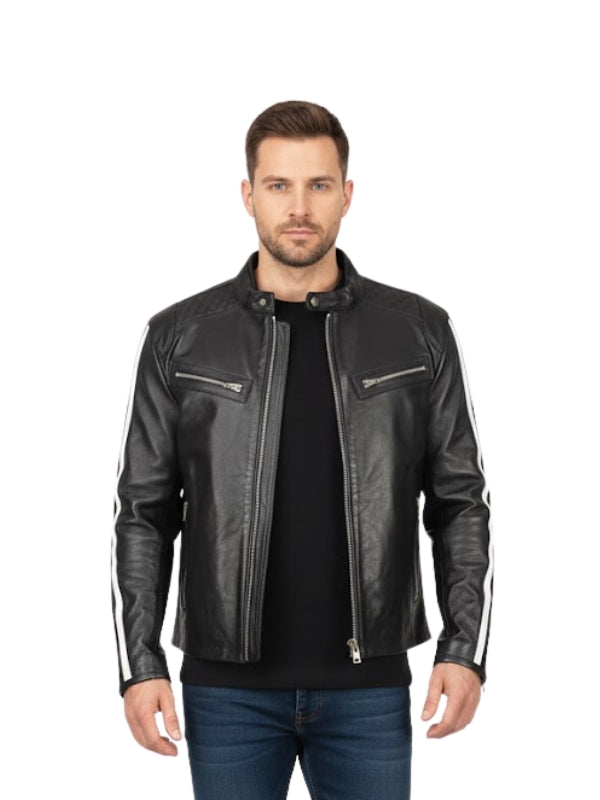 Man wearing a black leather jacket with white stripes on sleeves against a white background