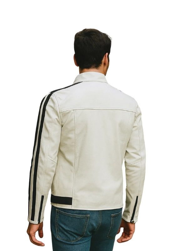 Men's White Stripes Biker Leather Jacket