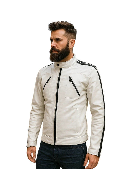 Men's White Stripes Biker Leather Jacket