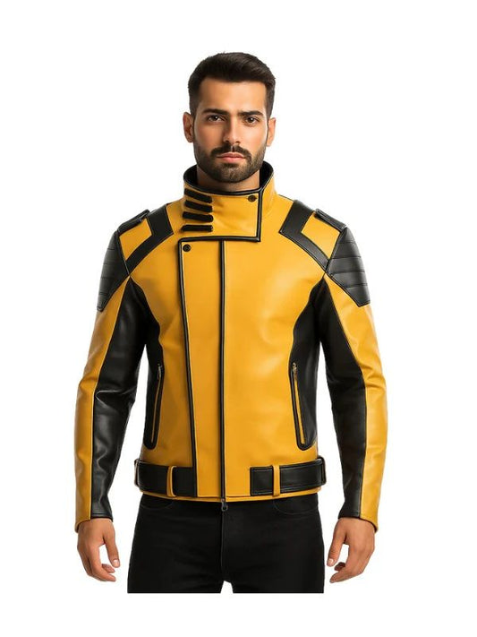 Man wearing a yellow and black leather jacket on a white background