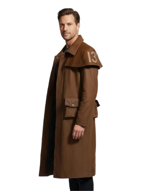 Man wearing a brown trench coat with the number 13 on a white background