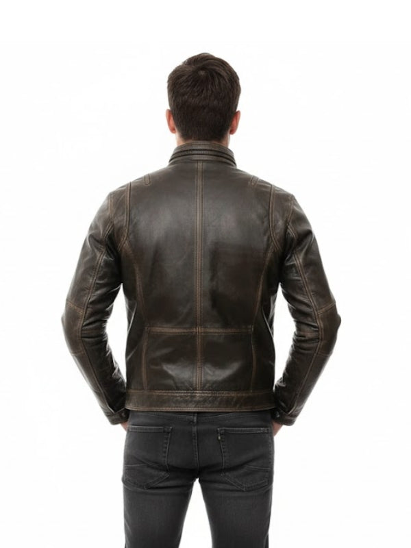 Mens Cafe Racer Distressed Brown Leather Jacket