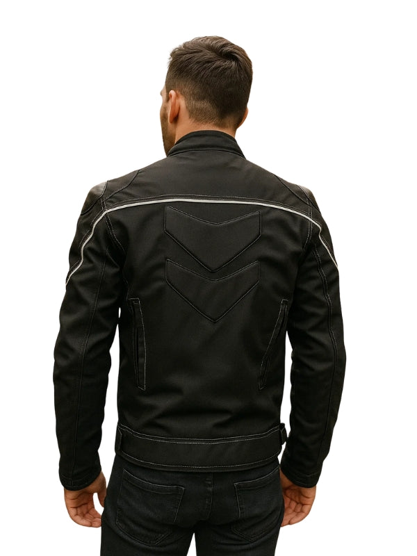 Black leather jacket with white stitching on a white background