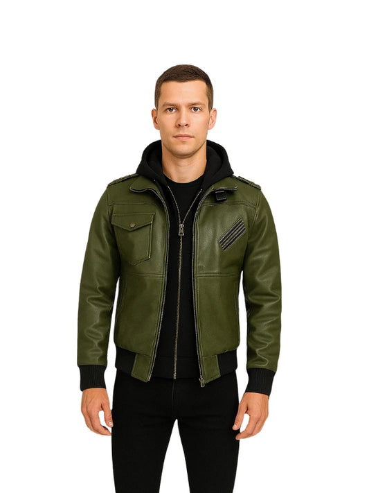 Olive Green Bomber Leather Jacket With Hood
