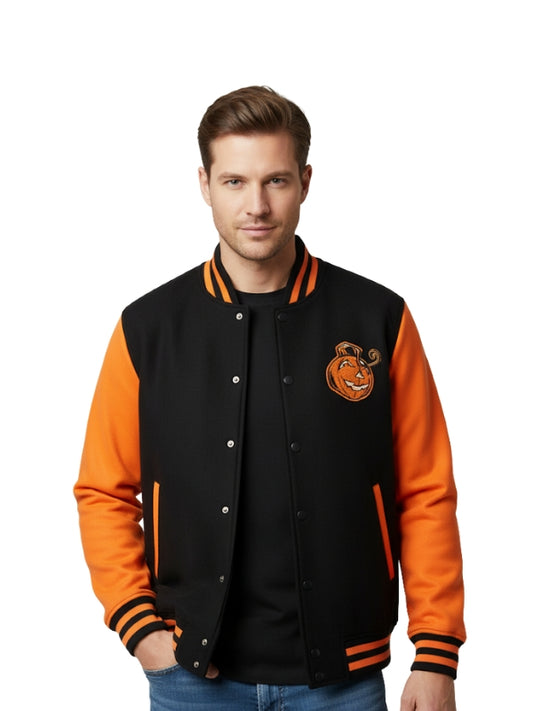 Man wearing a black and orange varsity jacket with a logo on a white background