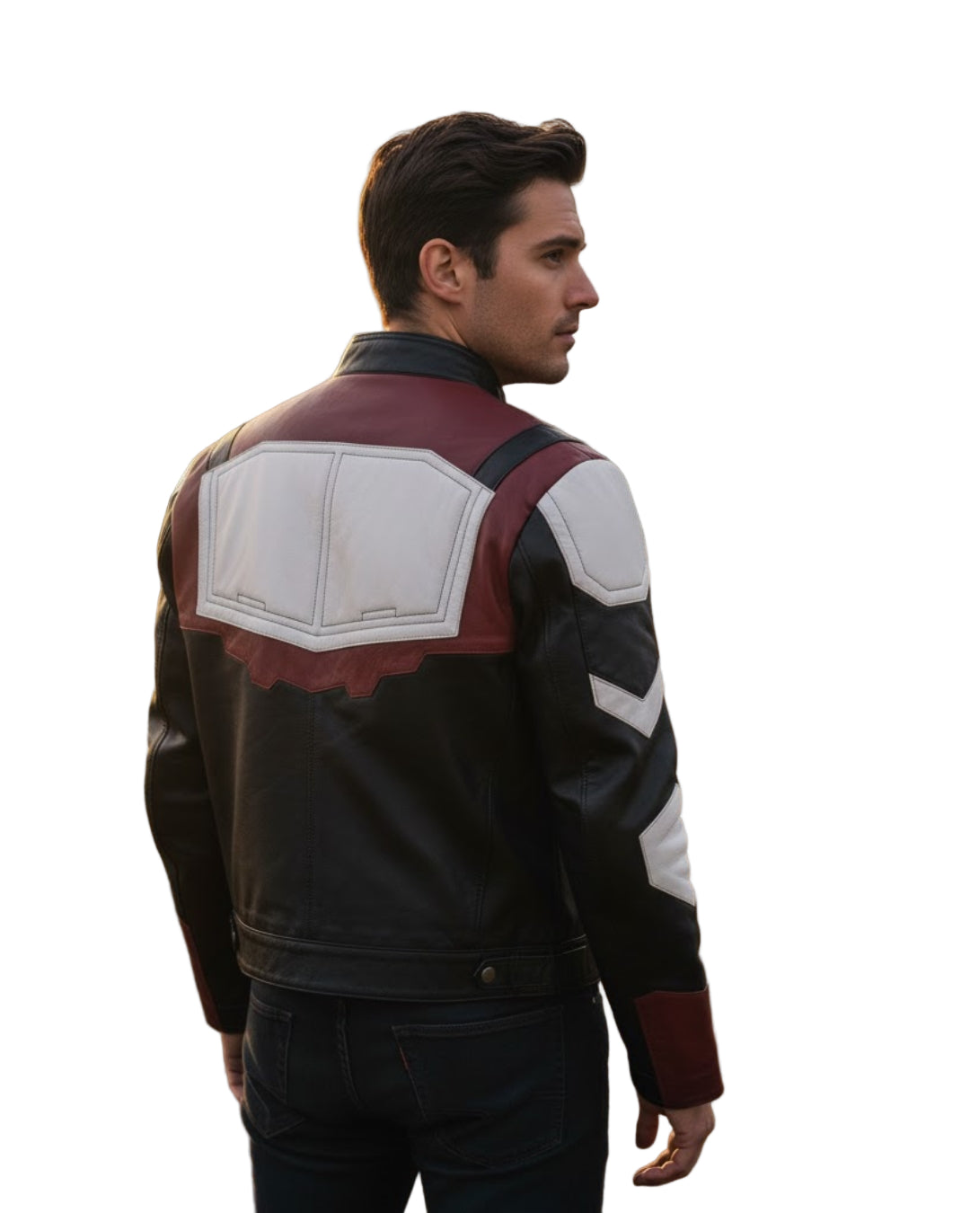 Man wearing a black, white, and red jacket standing in a field with a sunset in the background