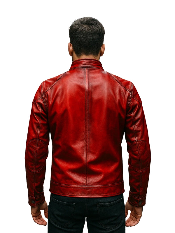 Red leather jacket worn by a person on a white background