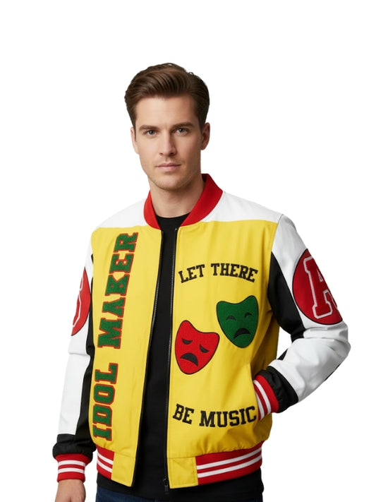 Man wearing a colorful jacket with text and graphics on a white background