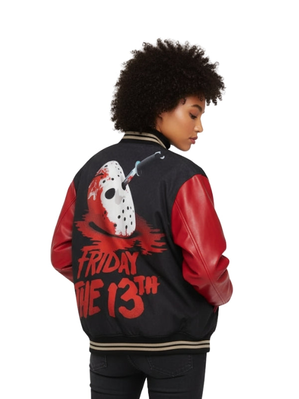 Person wearing a black and red 'Friday the 13th' themed jacket with a character design on the back.
