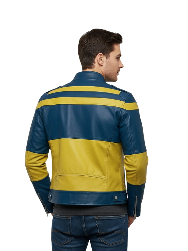 Man wearing a blue and yellow striped leather jacket on a white background