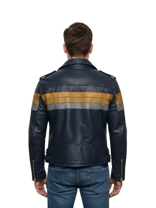 Men's Blue Leather Biker Jacket