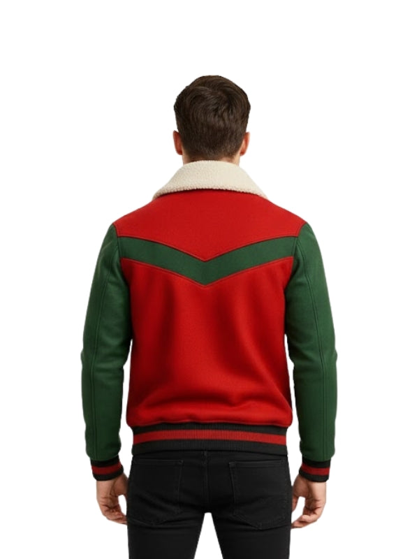 Red and green jacket with a white collar worn by a person on a white background