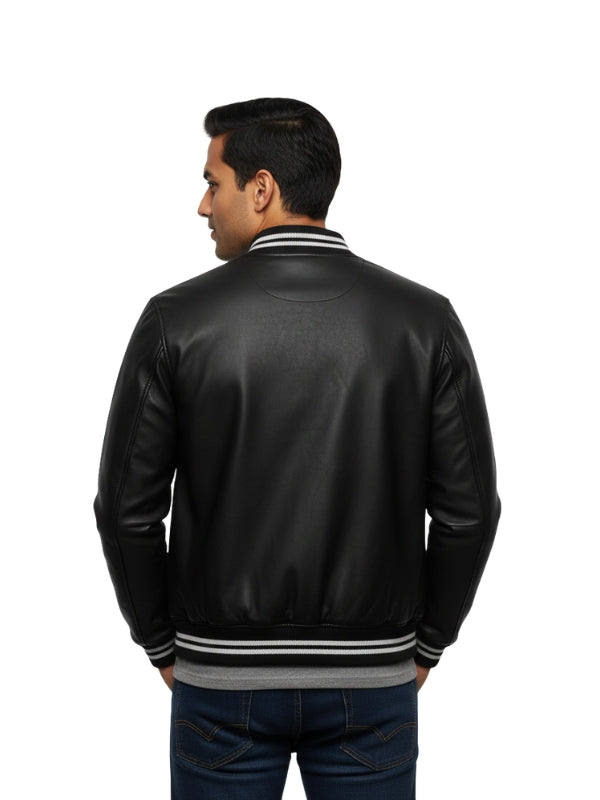 Man wearing a black leather jacket with a white stripe on a white background